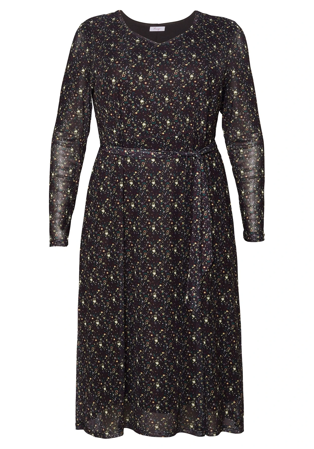Sheego Mesh-Kleid Mit Millefleurs-Druck Und Bindegürtel 6 Sheego Mesh-Kleid Mit Millefleurs-Druck Und Bindegürtel – Bild 4