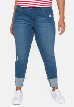 Sheego Schmale Jeans Mit Destroyed-Effekten Und Saumumschlag