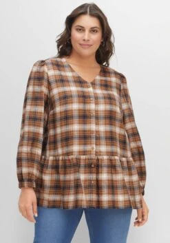 Sheego Karierte Bluse In A-Linie, Mit Schößchen