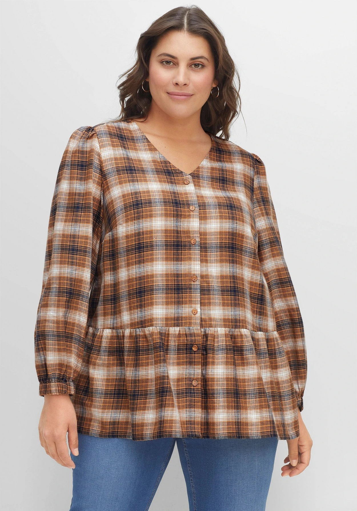 Sheego Karierte Bluse In A-Linie, Mit Schößchen 3 Sheego Karierte Bluse In A-Linie, Mit Schößchen