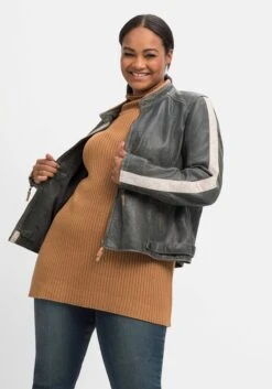 Sheego Lederjacke Im Biker-Stil, Mit Kontraststreifen -Sheego Verkaufsgeschäft 14542000035 04JTQ 02 SH