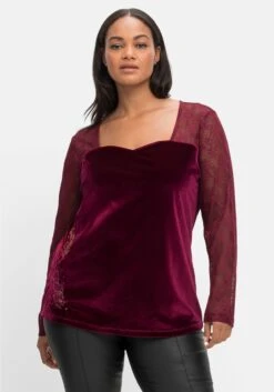 Langarmshirt Mit Herzausschnitt, Spitze Und Samt